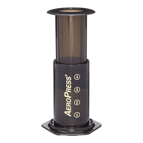 aeropress The AeroPress is a device for brewing coffee. It was invented in 2005 by Aerobie president Alan Adler. Coffee is steeped for 10–50 seconds and then forced through a filter by pressing the plunger through the tube. The filters used are either the AeroPress paper filters or disc shaped thin metal filters.